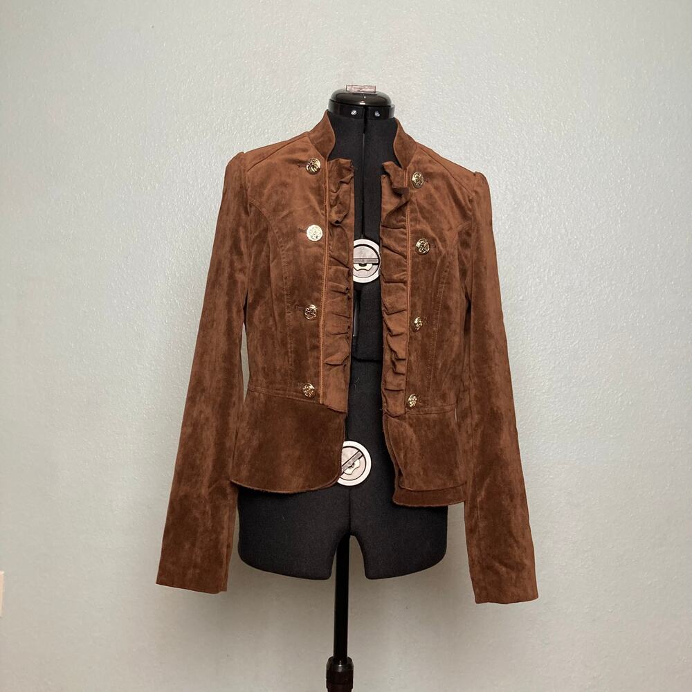 S Kate Rosy vintage blazer Brown jacket open front ruffle button double breasted